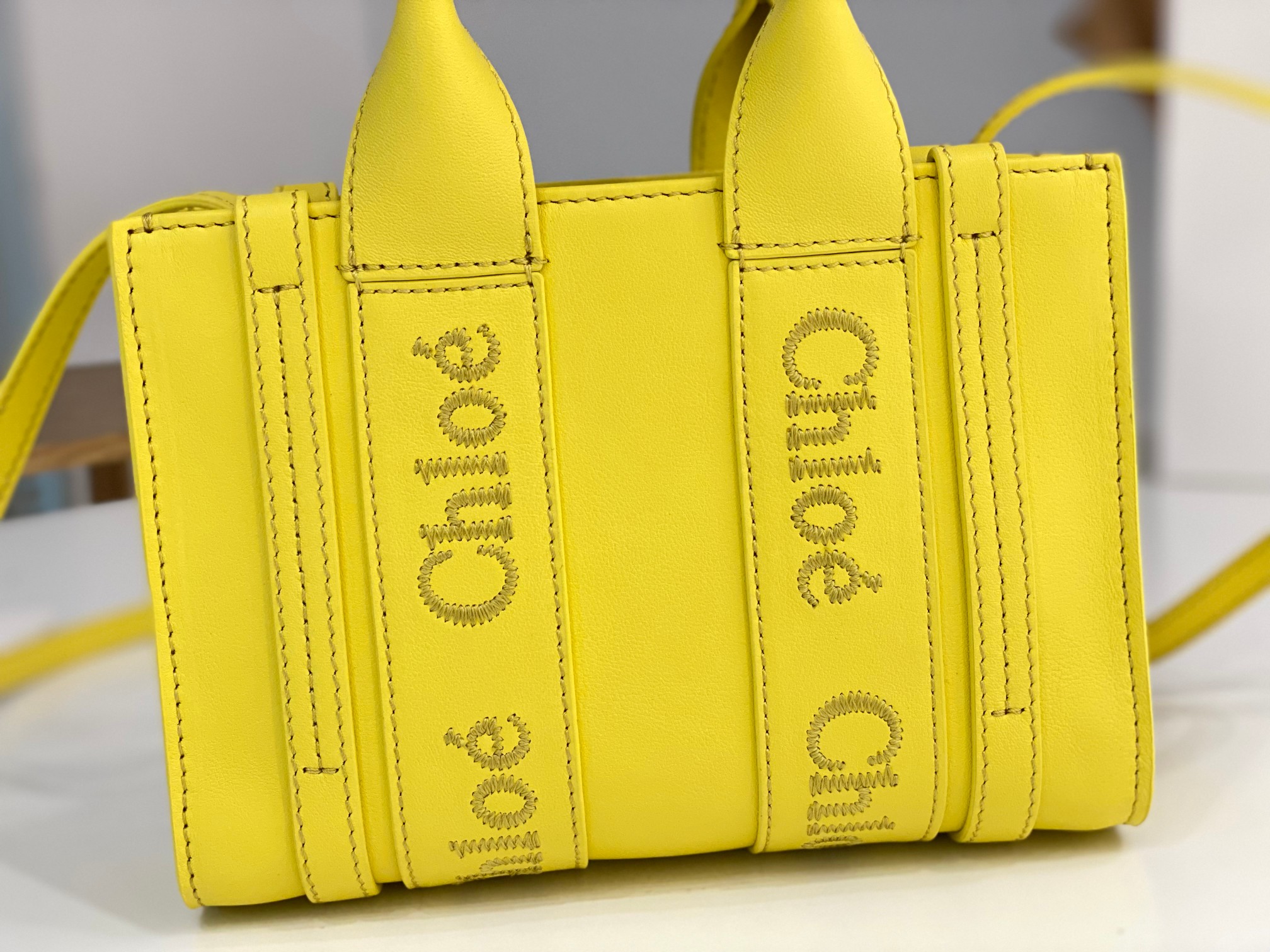 Chloe Mini Woody Tote Bag In Yellow Soft Smooth Calfskin Leather